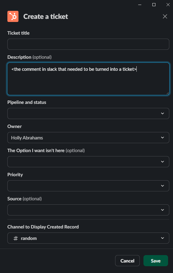 Create ticket in slack