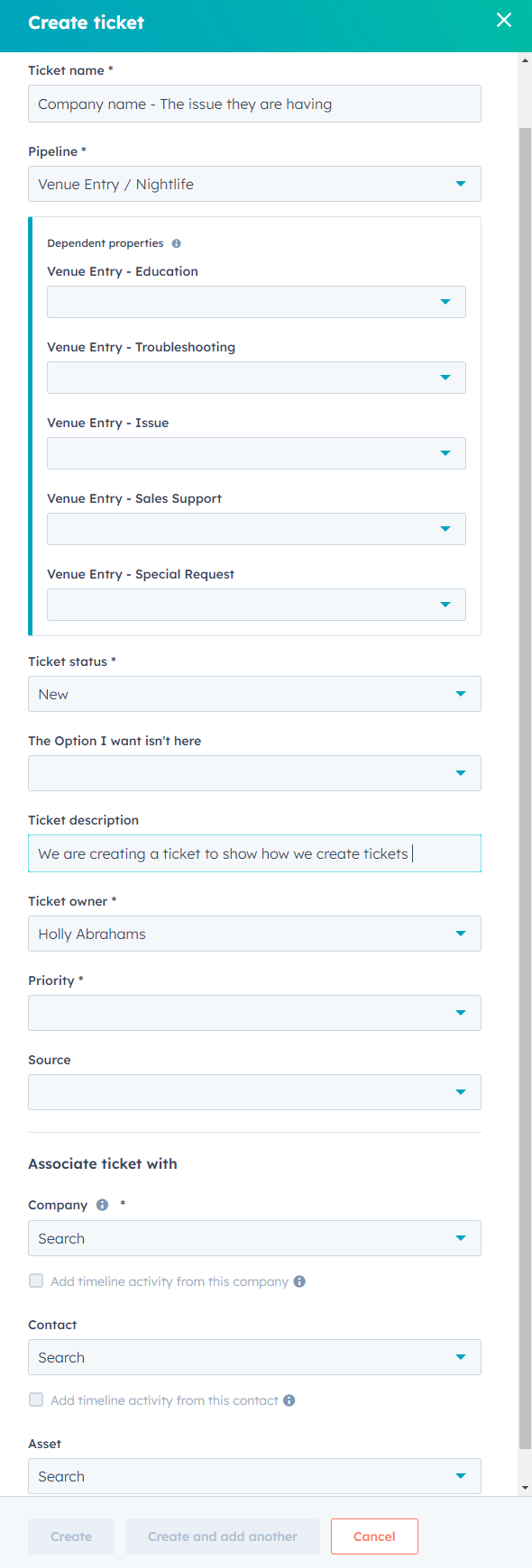 hubspot create a ticket